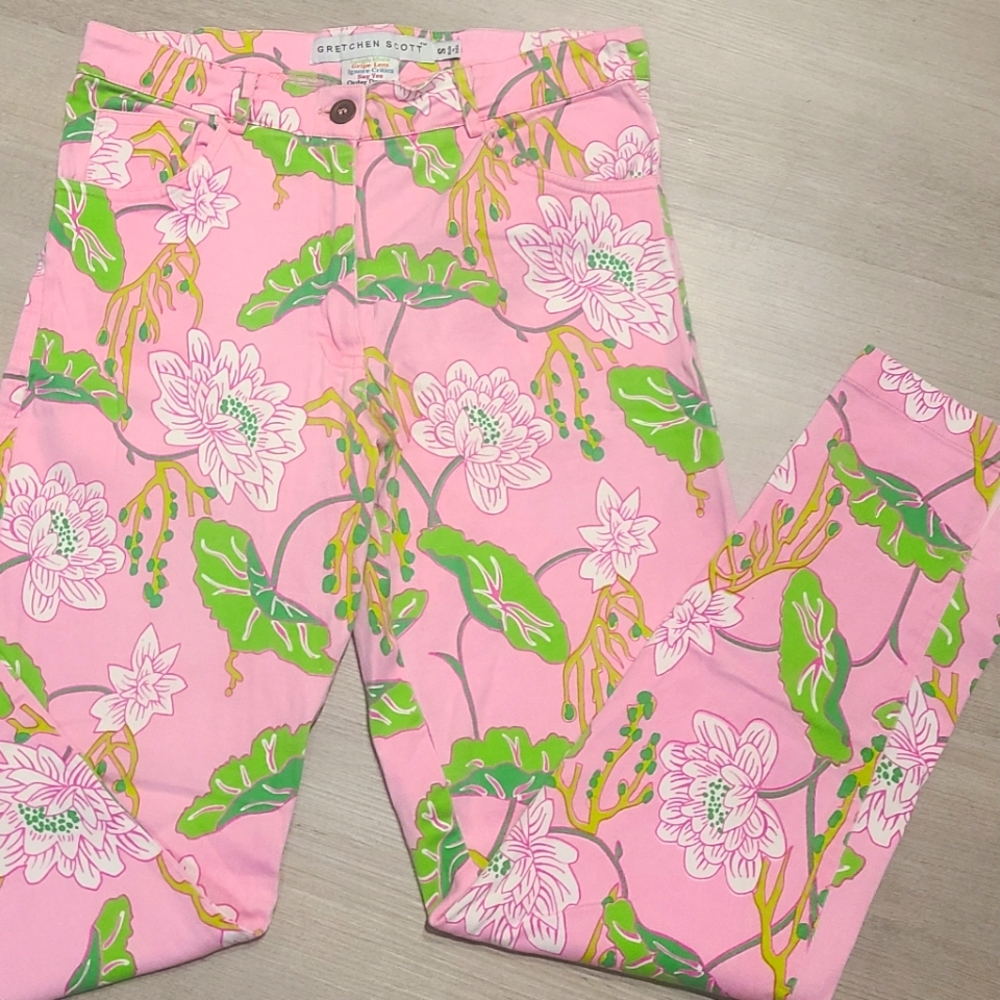 Gretchen Scott high waisted pink and green floral pants